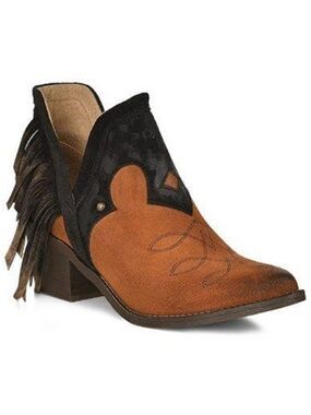 Circle G Fringe Detail Two-Tone Western Ankle Boot - Brown/Black size 10